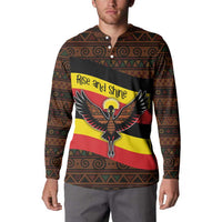 Uganda Button Sweatshirt with Crested Crane and Rise and Shine Tribal Pattern Design