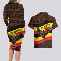 Uganda Couples Matching Long Sleeve Bodycon Dress and Hawaiian Shirt with Crested Crane and Rise and Shine Tribal Pattern Design