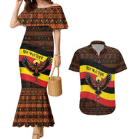 Uganda Couples Matching Mermaid Dress and Hawaiian Shirt with Crested Crane and Rise and Shine Tribal Pattern Design
