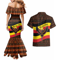 Uganda Couples Matching Mermaid Dress and Hawaiian Shirt with Crested Crane and Rise and Shine Tribal Pattern Design