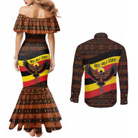 Uganda Couples Matching Mermaid Dress and Long Sleeve Button Shirt with Crested Crane and Rise and Shine Tribal Pattern Design