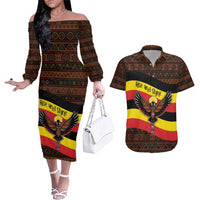 Uganda Couples Matching Off The Shoulder Long Sleeve Dress and Hawaiian Shirt with Crested Crane and Rise and Shine Tribal Pattern Design