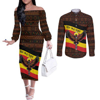 Uganda Couples Matching Off The Shoulder Long Sleeve Dress and Long Sleeve Button Shirt with Crested Crane and Rise and Shine Tribal Pattern Design