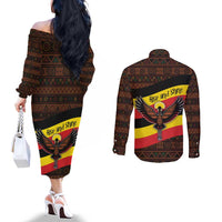 Uganda Couples Matching Off The Shoulder Long Sleeve Dress and Long Sleeve Button Shirt with Crested Crane and Rise and Shine Tribal Pattern Design