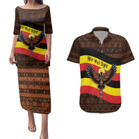 Uganda Couples Matching Puletasi and Hawaiian Shirt with Crested Crane and Rise and Shine Tribal Pattern Design