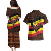 Uganda Couples Matching Puletasi and Hawaiian Shirt with Crested Crane and Rise and Shine Tribal Pattern Design