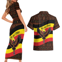 Uganda Couples Matching Short Sleeve Bodycon Dress and Hawaiian Shirt with Crested Crane and Rise and Shine Tribal Pattern Design