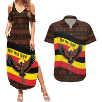 Uganda Couples Matching Summer Maxi Dress and Hawaiian Shirt with Crested Crane and Rise and Shine Tribal Pattern Design