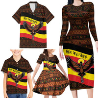 Uganda Family Matching Long Sleeve Bodycon Dress and Hawaiian Shirt with Crested Crane and Rise and Shine Tribal Pattern Design