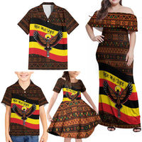 Uganda Family Matching Off Shoulder Maxi Dress and Hawaiian Shirt with Crested Crane and Rise and Shine Tribal Pattern Design