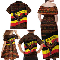 Uganda Family Matching Off Shoulder Maxi Dress and Hawaiian Shirt with Crested Crane and Rise and Shine Tribal Pattern Design