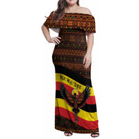 Uganda Family Matching Off Shoulder Maxi Dress and Hawaiian Shirt with Crested Crane and Rise and Shine Tribal Pattern Design