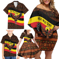 Uganda Family Matching Off Shoulder Short Dress and Hawaiian Shirt with Crested Crane and Rise and Shine Tribal Pattern Design