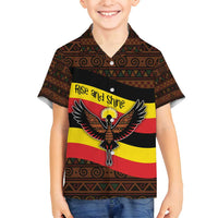 Uganda Family Matching Off Shoulder Short Dress and Hawaiian Shirt with Crested Crane and Rise and Shine Tribal Pattern Design