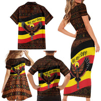 Uganda Family Matching Short Sleeve Bodycon Dress and Hawaiian Shirt with Crested Crane and Rise and Shine Tribal Pattern Design