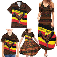 Uganda Family Matching Summer Maxi Dress and Hawaiian Shirt with Crested Crane and Rise and Shine Tribal Pattern Design