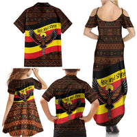 Uganda Family Matching Summer Maxi Dress and Hawaiian Shirt with Crested Crane and Rise and Shine Tribal Pattern Design