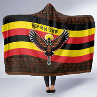 Uganda Hooded Blanket with Crested Crane and Rise and Shine Tribal Pattern Design