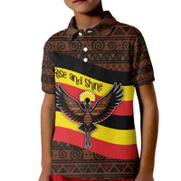 Uganda Kid Polo Shirt with Crested Crane and Rise and Shine Tribal Pattern Design