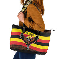 Uganda Leather Tote Bag with Crested Crane and Rise and Shine Tribal Pattern Design