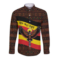 Uganda Long Sleeve Button Shirt with Crested Crane and Rise and Shine Tribal Pattern Design