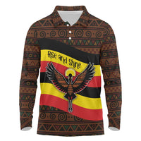 Uganda Long Sleeve Polo Shirt with Crested Crane and Rise and Shine Tribal Pattern Design