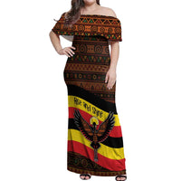 Uganda Off Shoulder Maxi Dress with Crested Crane and Rise and Shine Tribal Pattern Design