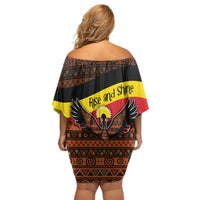 Uganda Off Shoulder Short Dress with Crested Crane and Rise and Shine Tribal Pattern Design