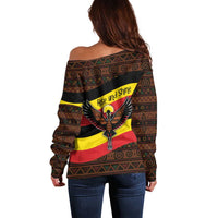 Uganda Off Shoulder Sweater with Crested Crane and Rise and Shine Tribal Pattern Design