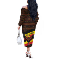 Uganda Off The Shoulder Long Sleeve Dress with Crested Crane and Rise and Shine Tribal Pattern Design