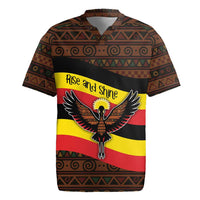 Uganda Rugby Jersey with Crested Crane and Rise and Shine Tribal Pattern Design