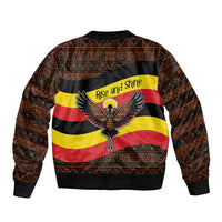 Uganda Sleeve Zip Bomber Jacket with Crested Crane and Rise and Shine Tribal Pattern Design
