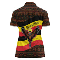 Uganda Women Polo Shirt with Crested Crane and Rise and Shine Tribal Pattern Design