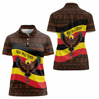 Uganda Women Polo Shirt with Crested Crane and Rise and Shine Tribal Pattern Design