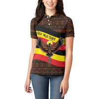 Uganda Women Polo Shirt with Crested Crane and Rise and Shine Tribal Pattern Design
