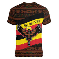 Uganda Women V-Neck T-Shirt with Crested Crane and Rise and Shine Tribal Pattern Design