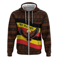 Uganda Zip Hoodie with Crested Crane and Rise and Shine Tribal Pattern Design