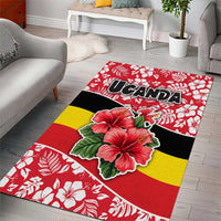 Uganda Area Rug with Red Hibiscus Flowers and National Flag Design