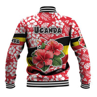 Uganda Baseball Jacket with Red Hibiscus Flowers and National Flag Design