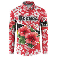 Uganda Button Sweatshirt with Red Hibiscus Flowers and National Flag Design