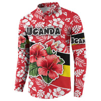 Uganda Button Sweatshirt with Red Hibiscus Flowers and National Flag Design