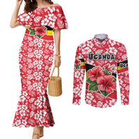 Uganda Couples Matching Mermaid Dress and Long Sleeve Button Shirt with Red Hibiscus Flowers and National Flag Design