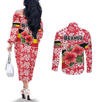 Uganda Couples Matching Off The Shoulder Long Sleeve Dress and Long Sleeve Button Shirt with Red Hibiscus Flowers and National Flag Design