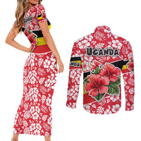 Uganda Couples Matching Short Sleeve Bodycon Dress and Long Sleeve Button Shirt with Red Hibiscus Flowers and National Flag Design