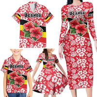 Uganda Family Matching Long Sleeve Bodycon Dress and Hawaiian Shirt with Red Hibiscus Flowers and National Flag Design