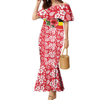 Uganda Family Matching Mermaid Dress and Hawaiian Shirt with Red Hibiscus Flowers and National Flag Design
