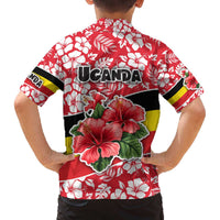 Uganda Family Matching Off The Shoulder Long Sleeve Dress and Hawaiian Shirt with Red Hibiscus Flowers and National Flag Design