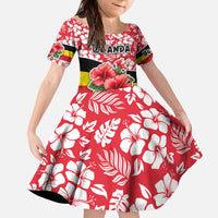 Uganda Family Matching Off The Shoulder Long Sleeve Dress and Hawaiian Shirt with Red Hibiscus Flowers and National Flag Design