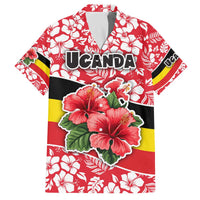 Uganda Family Matching Off The Shoulder Long Sleeve Dress and Hawaiian Shirt with Red Hibiscus Flowers and National Flag Design