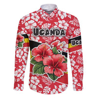 Uganda Family Matching Off The Shoulder Long Sleeve Dress and Hawaiian Shirt with Red Hibiscus Flowers and National Flag Design
